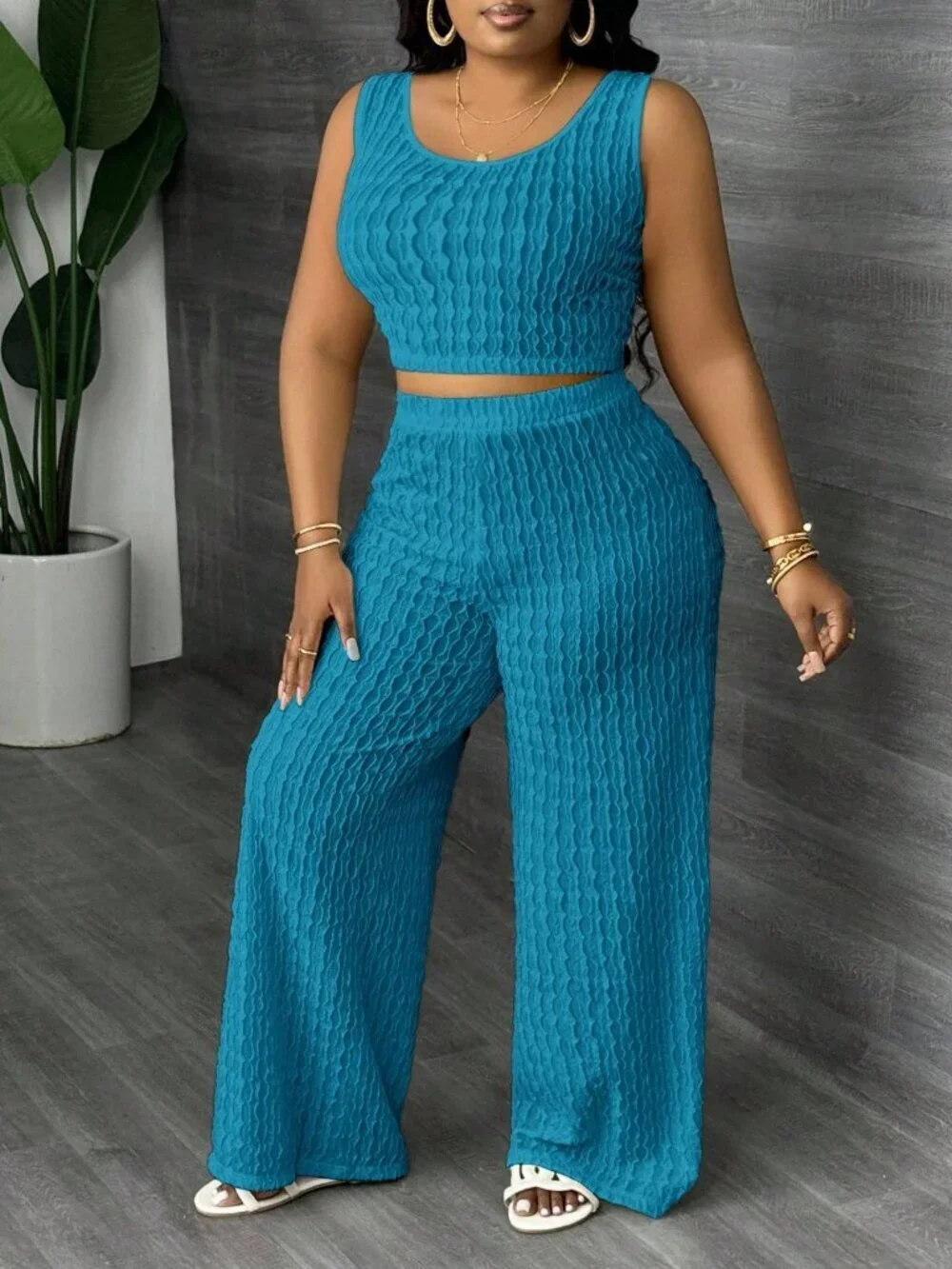 Teal Blue Casual Women's Plus Size Top And Wide Leg Pants - Picture 4 of 5